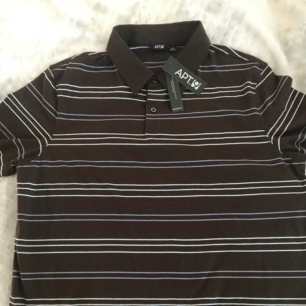 NWT Men’s Polo Shirt Brown w/white & blue stripes
